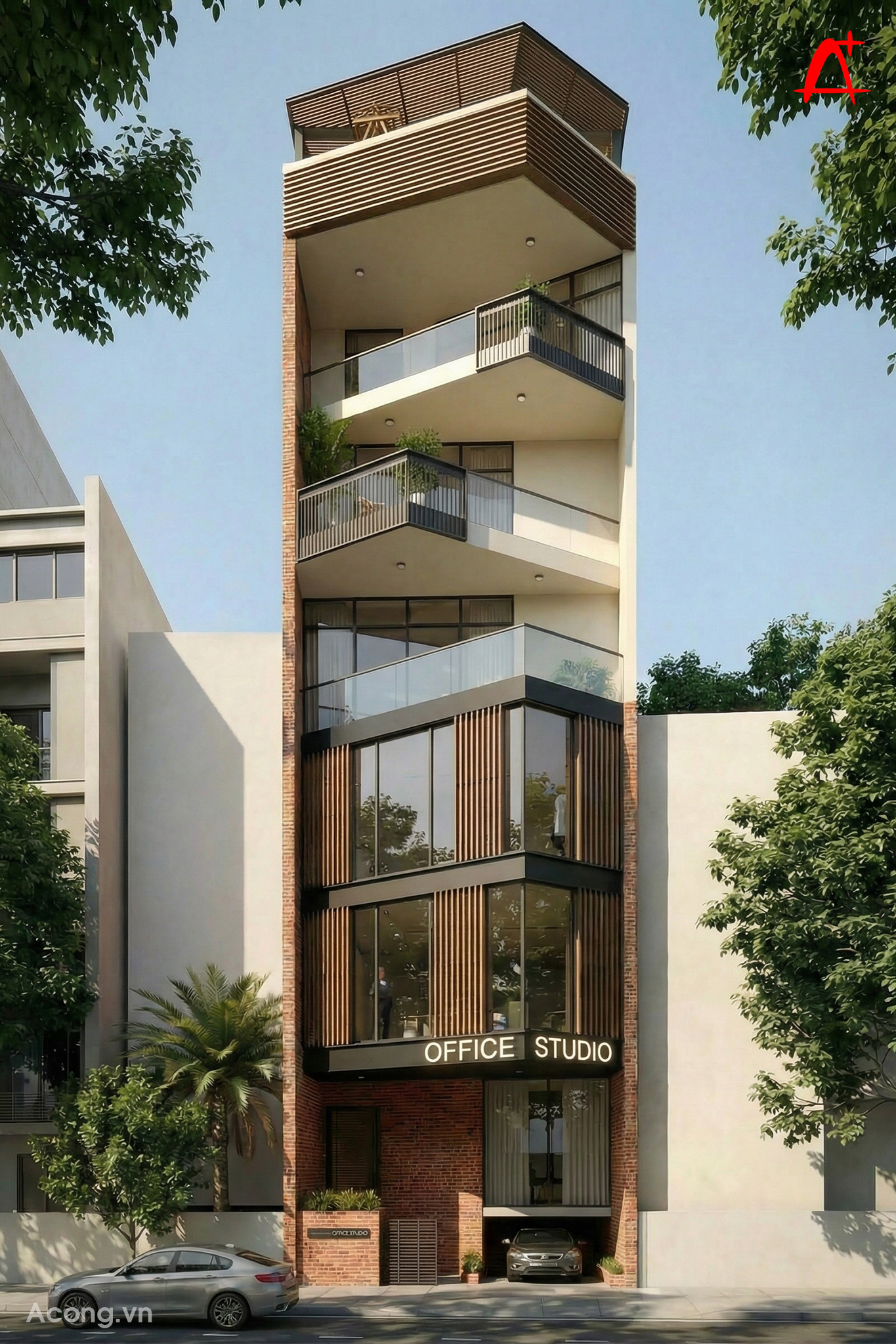 Mặt tiền nhà phố 5 tầng kết hợp văn phòng với ban công chéo tạo hình hiện đại